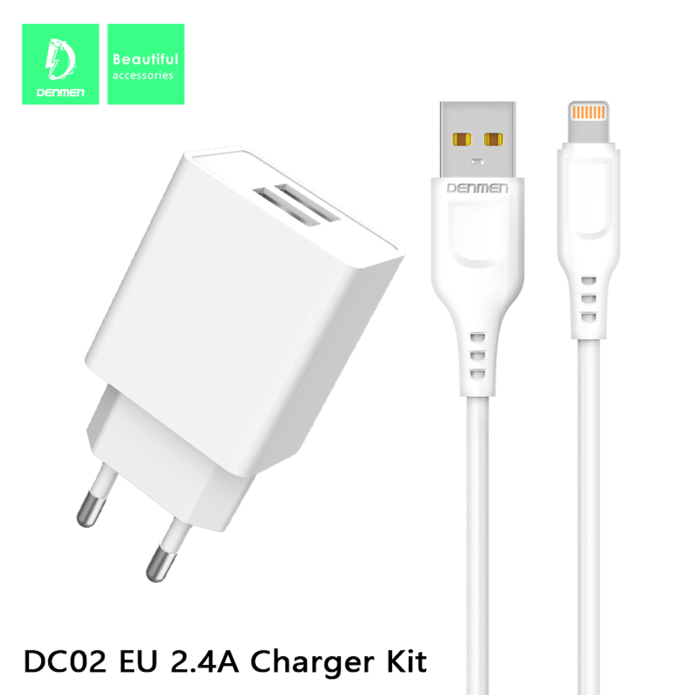 Сетевой адаптер питания DENMEN DC02L 2USB + кабель Lightning (белый)