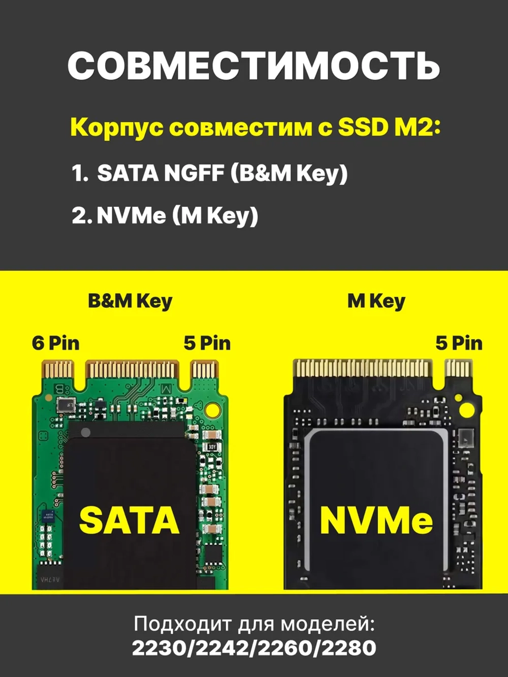 Корпус m2 для SSD NVME, NGFF SATA USB 3.1 Gen2, Type-C