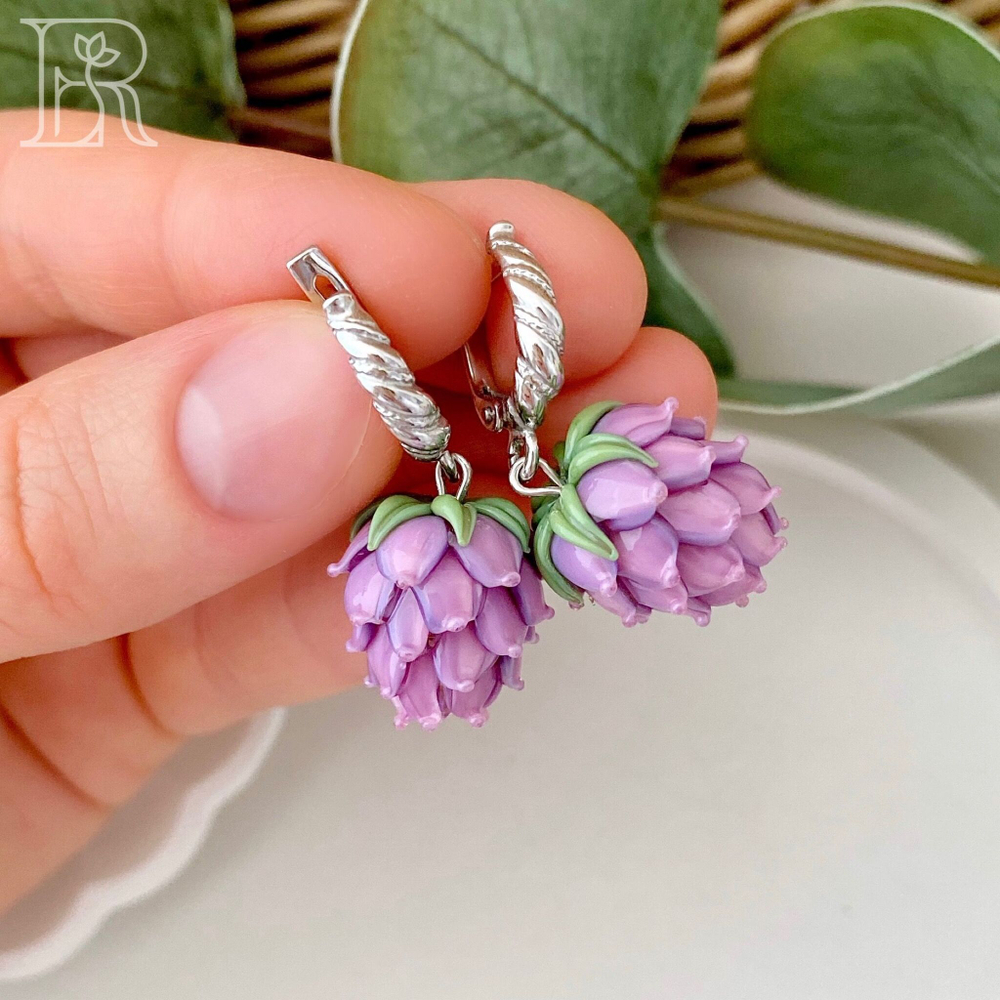 LEFIREL' Серьги серебряные женские "Клевер" с цветами из муранского стекла / ювелирные украшения из родированного серебра 925