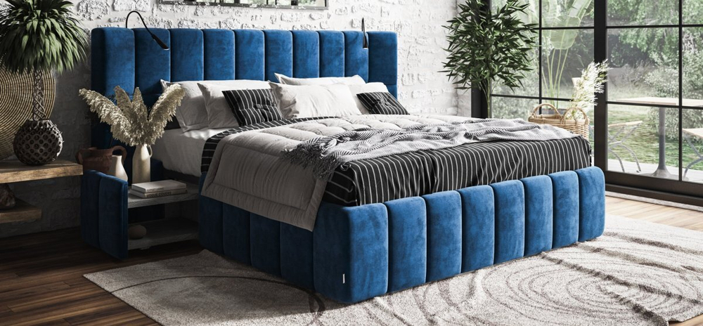 Босс ХО Кровать 180*200 без набора светильников Велюр Монолит синий