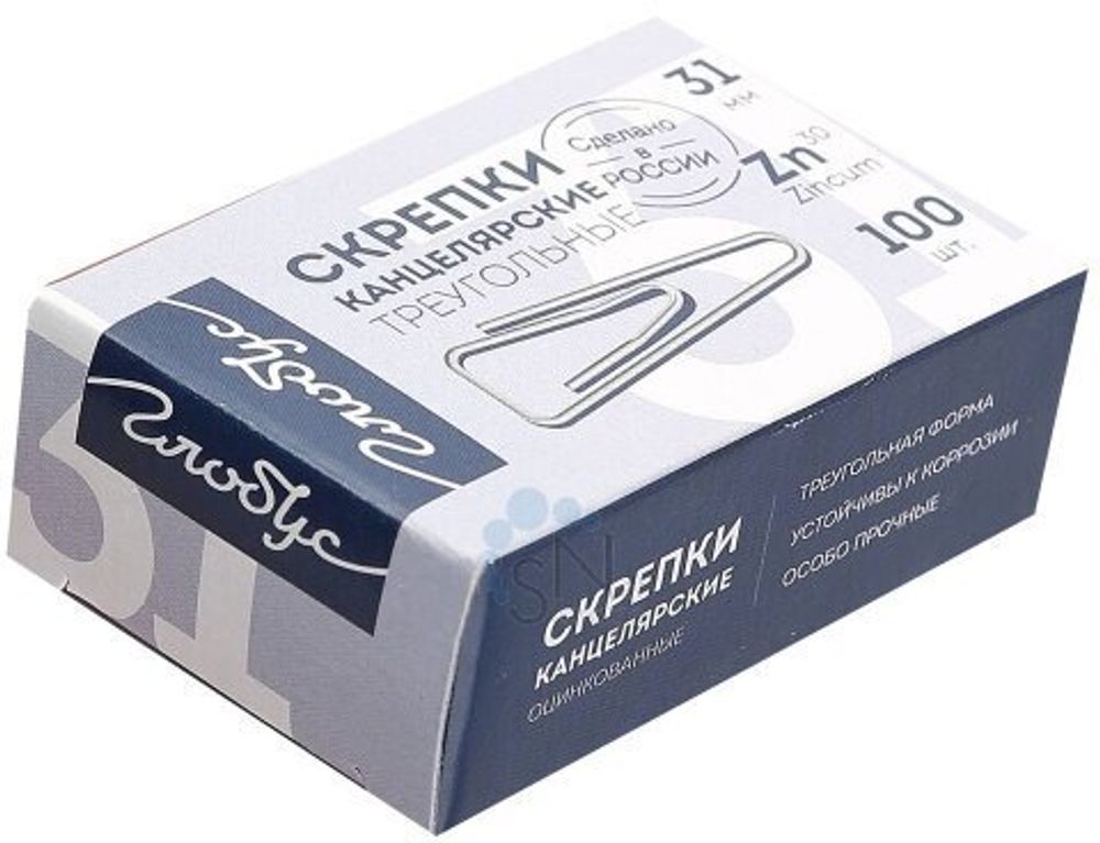 Скрепки 31 мм с загнутым краем треугольные 100 шт., оцинкованные, GLOBUS, С31-100Ц