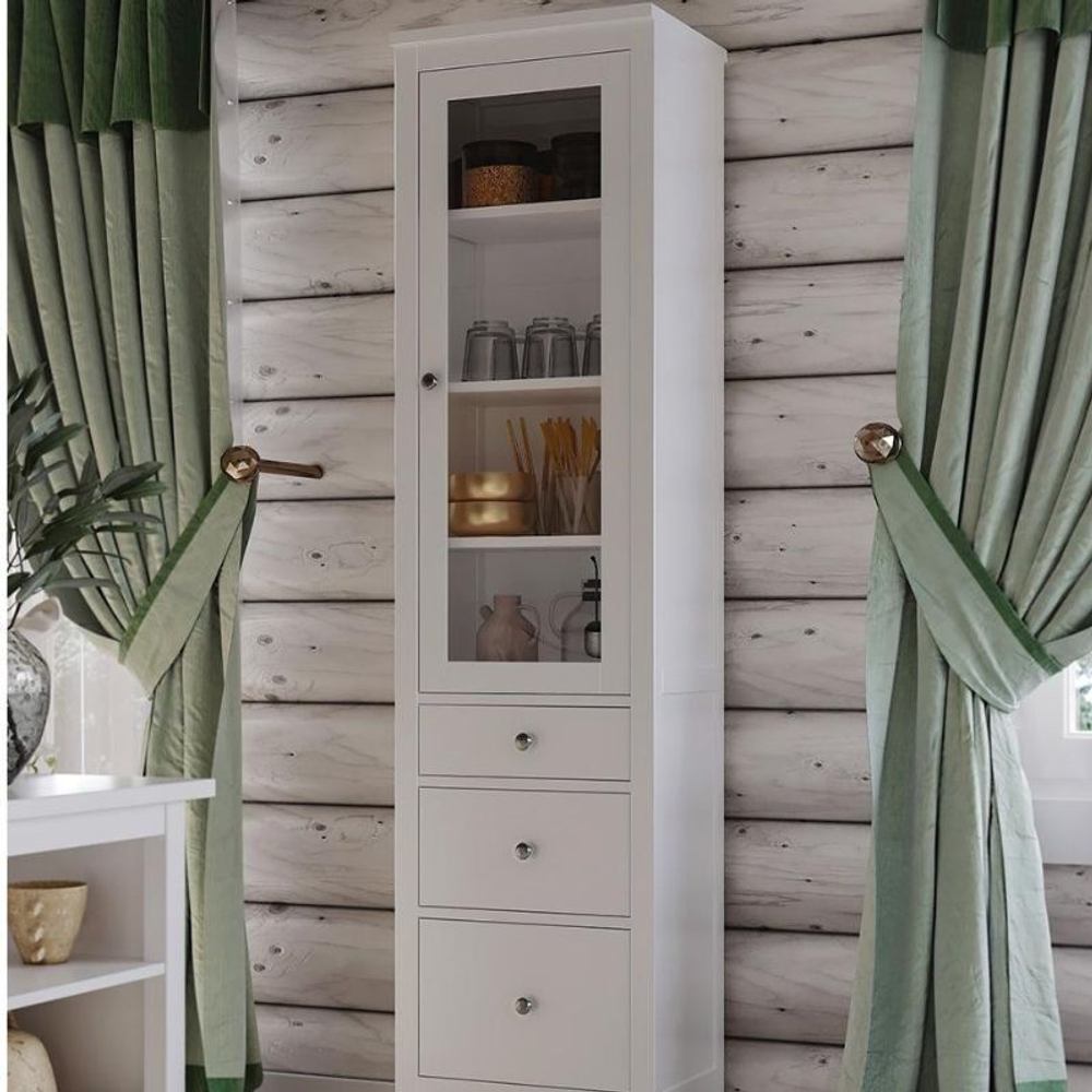 Шкаф с витриной для посуды Кантри 13 (белый лак), 49,2х197,2х36,4 см