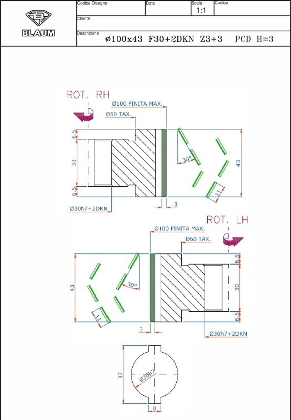 PCD фреза D.100x43x30+DKN Z=3+3 SYMM 2 шт. для Brandt, SCM, IMA, Holzher