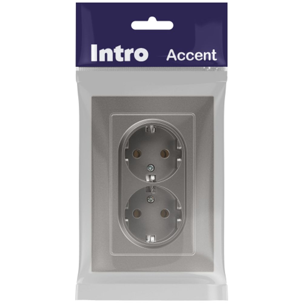 Розетка Intro Accent 6-205-09 двойная 2X2P+E Schuko, 16А-250В, IP20, СУ, AL/CU, титан