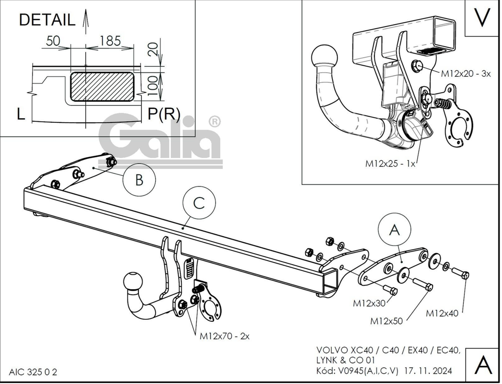 Фаркоп оцинкованный для Volvo XC40/C40 условно-съемное крепление шара, Galia.V094A