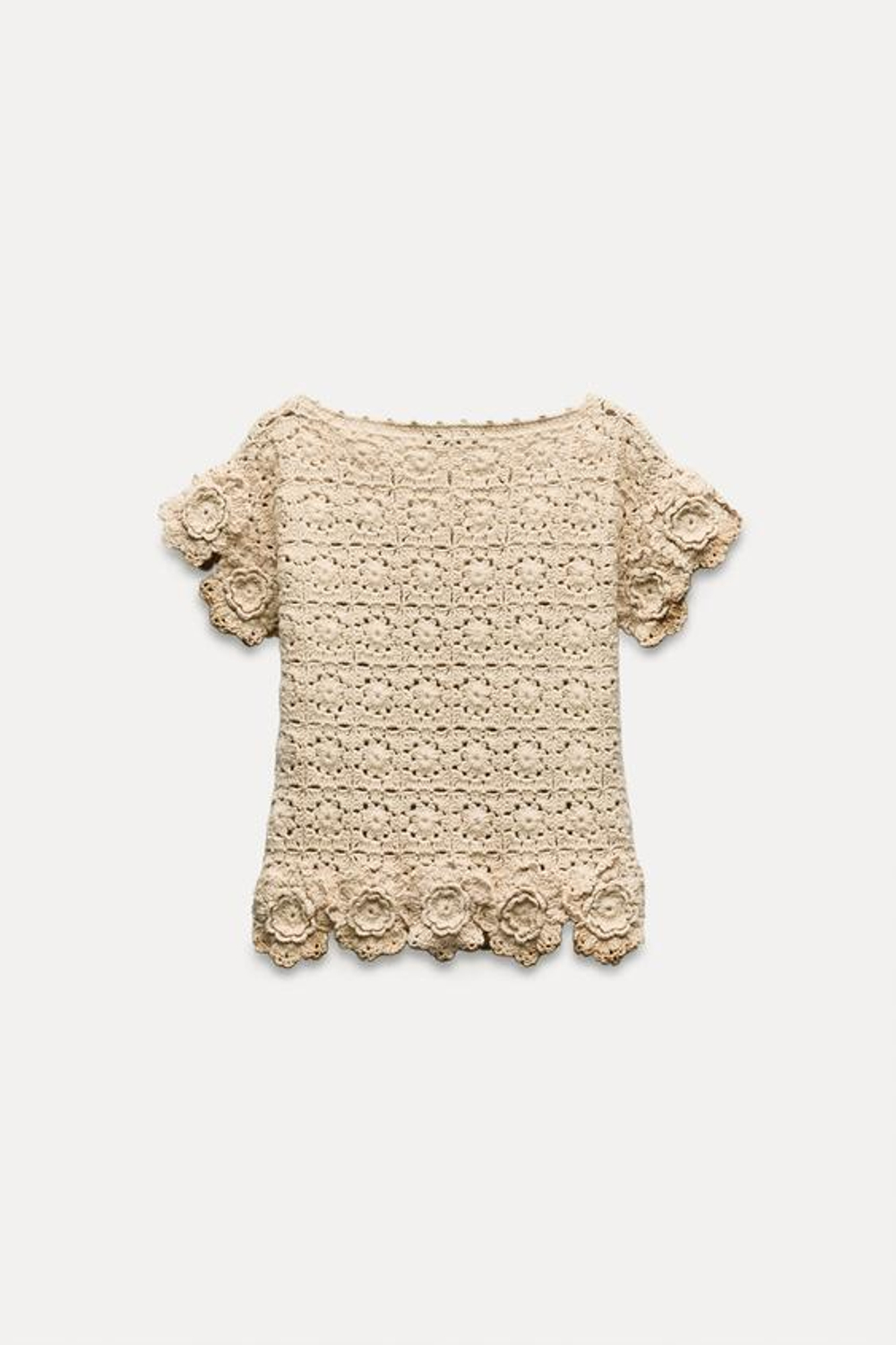 ZARA ТОП ИЗ КРУЖЕВА КРОШЕ С ЦВЕТОЧНЫМ УЗОРОМ, ЭКРЮ