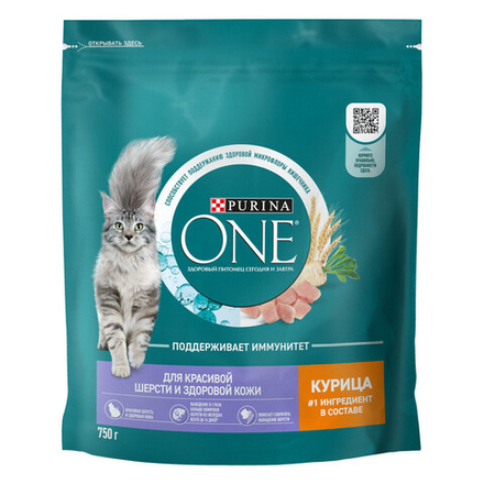Сухой корм Purina ONE для взрослых кошек для красивой шерсти здоровой кожи и контроля образования волосяных комков курица 750 г