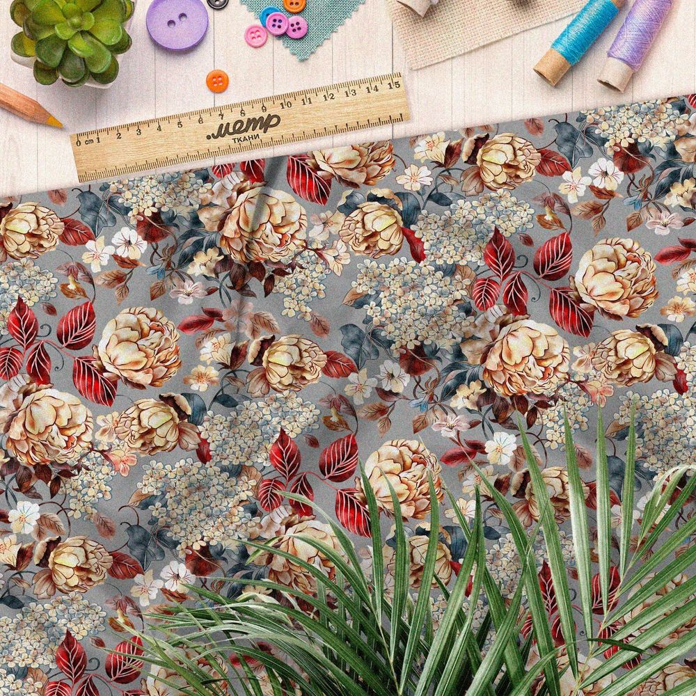 Ткань интерлок цветы золотистые с красноватым