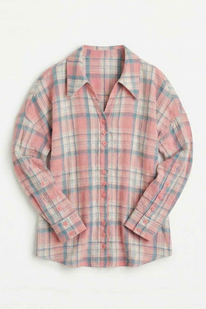 Рубашка в клетку оверсайз, розовый