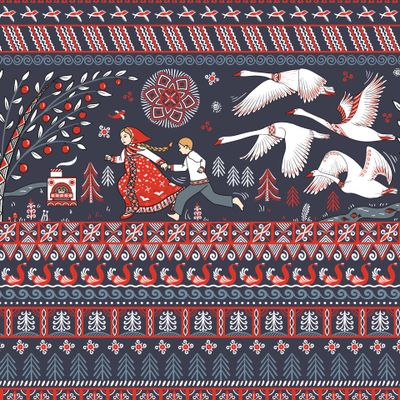 Гуси-лебеди в стиле мезенской росписи