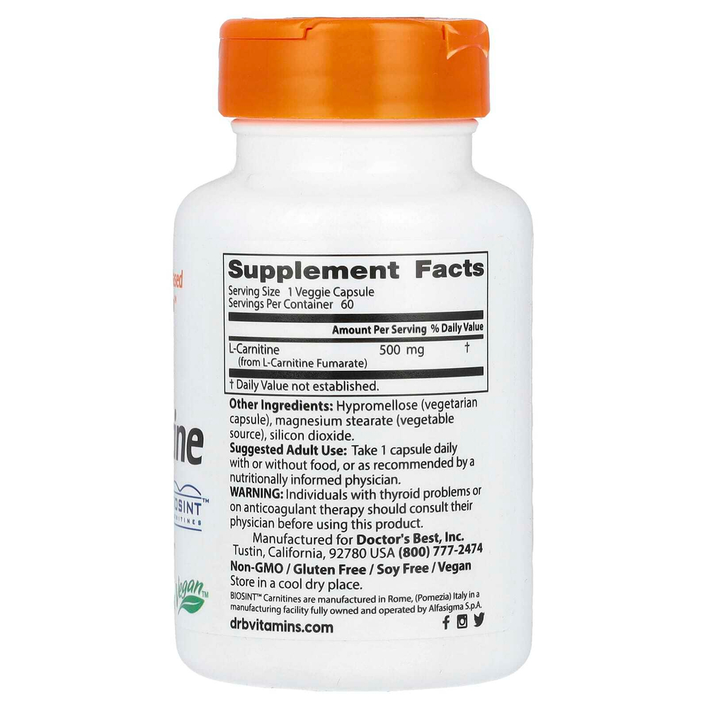 Doctor's Best, фумарат L-карнитина с Biosint Carnitine, 60 растительных капсул (500 мг в 1 растительной капсуле)