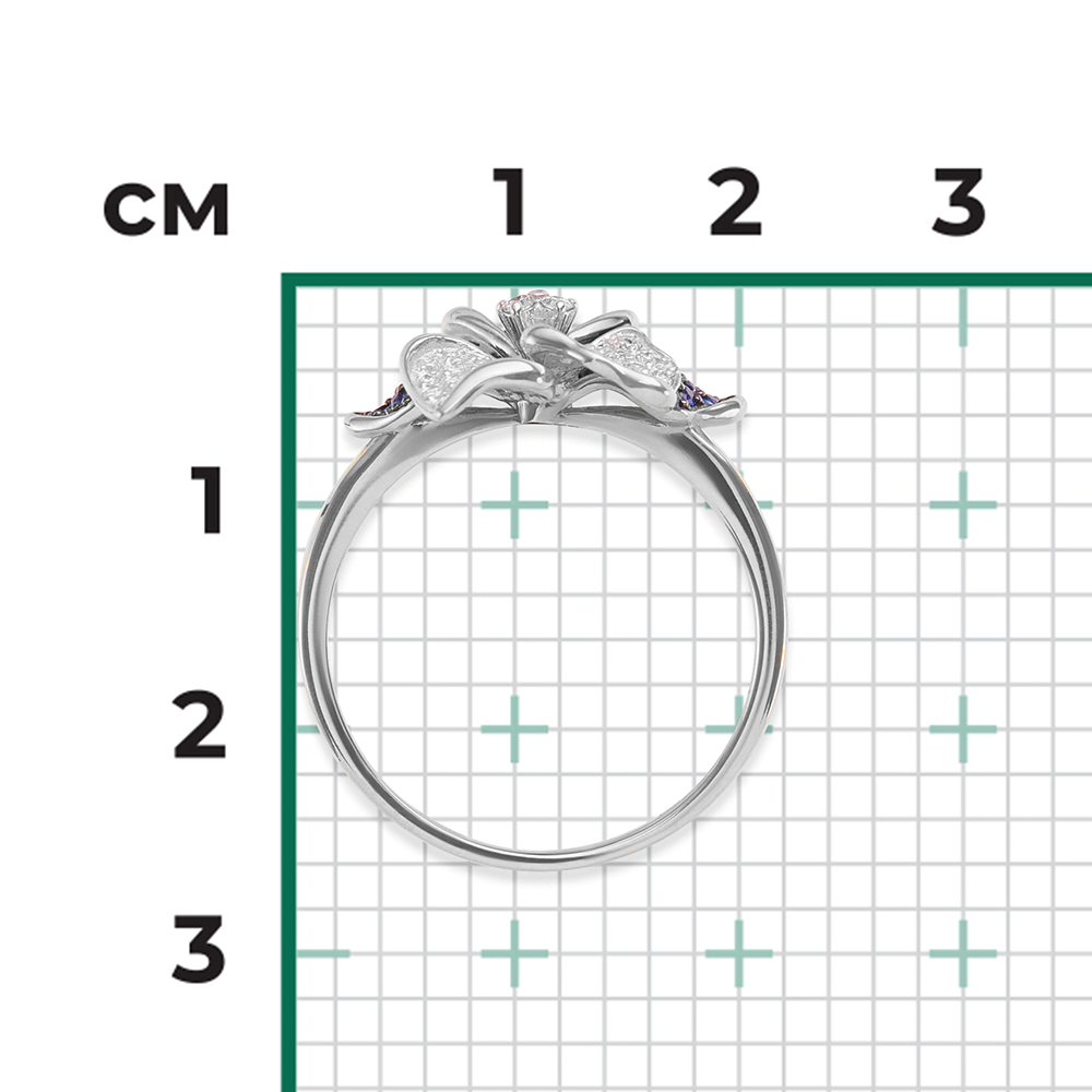 Кольцо «Анютины глазки» из белого золота с фианитами