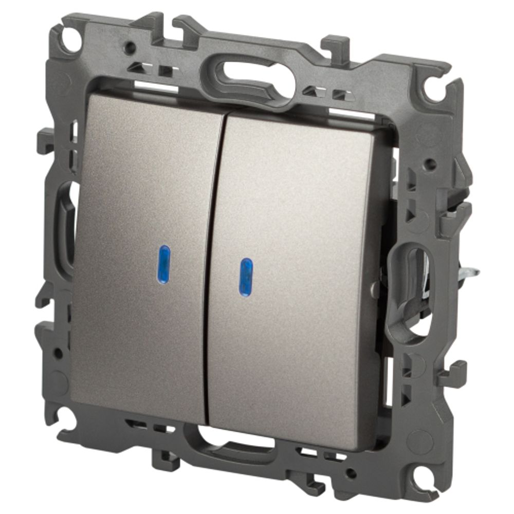 Выключатель ЭРА Серия 12 12-1105-16 двойной с подсветкой, 10АХ-250В, титан | ЭРА 12 Титан