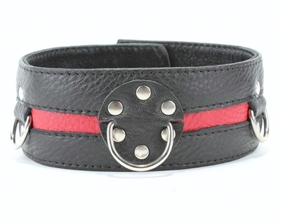 Чёрный кожаный ошейник с красной полосой и кольцами (Цвет: черный с красным)