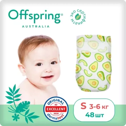 Offspring подгузники, S 3-6 кг. 48 шт. расцветка Авокадо