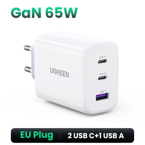 Адаптер питания Ugreen 65Вт Fast Charger (2 Type-C + USB-A) Белый