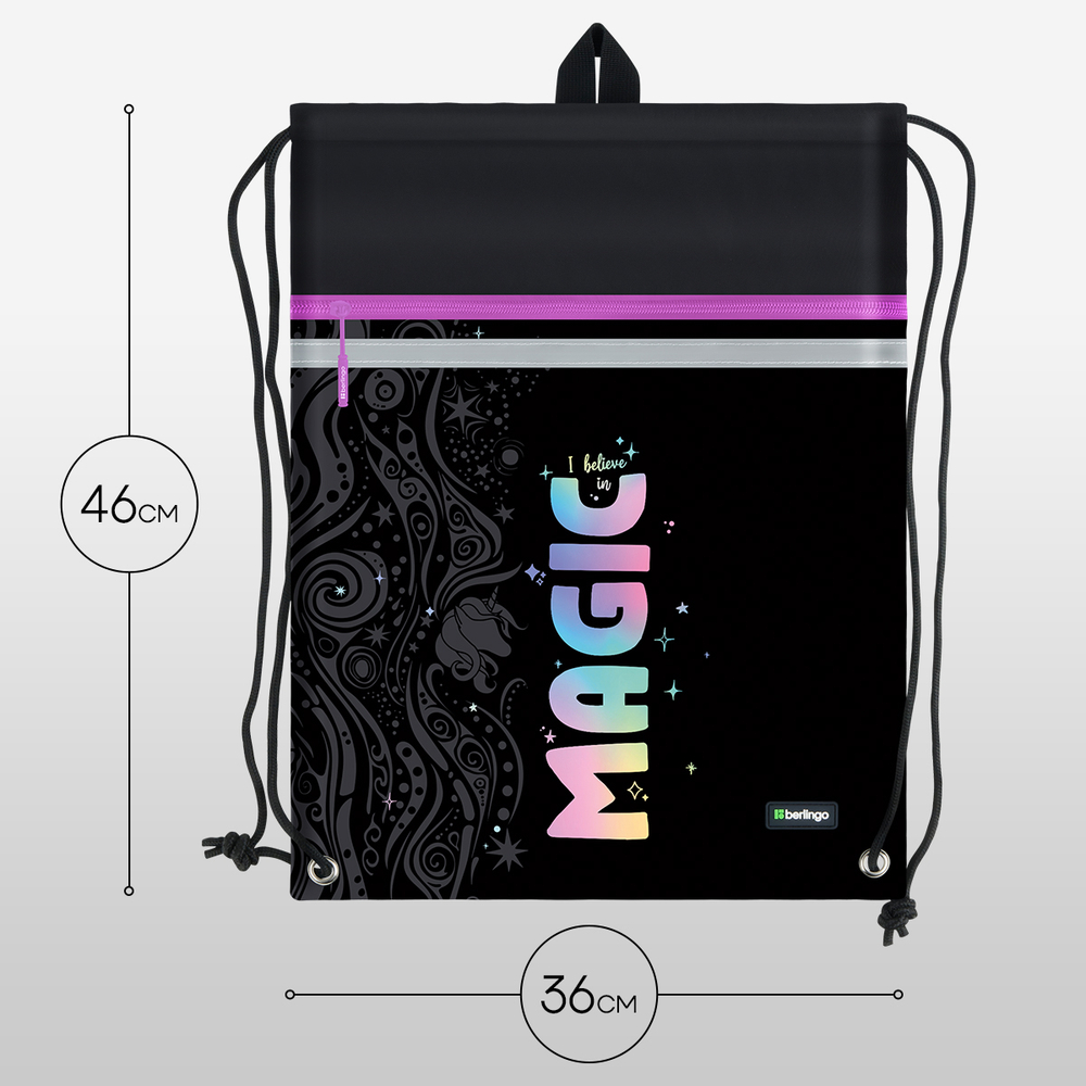 Мешок для обуви 1 отделение Berlingo "Purple Magic", 360*460мм, вентиляционная сеточка , светоотражающая лента, карман на молнии