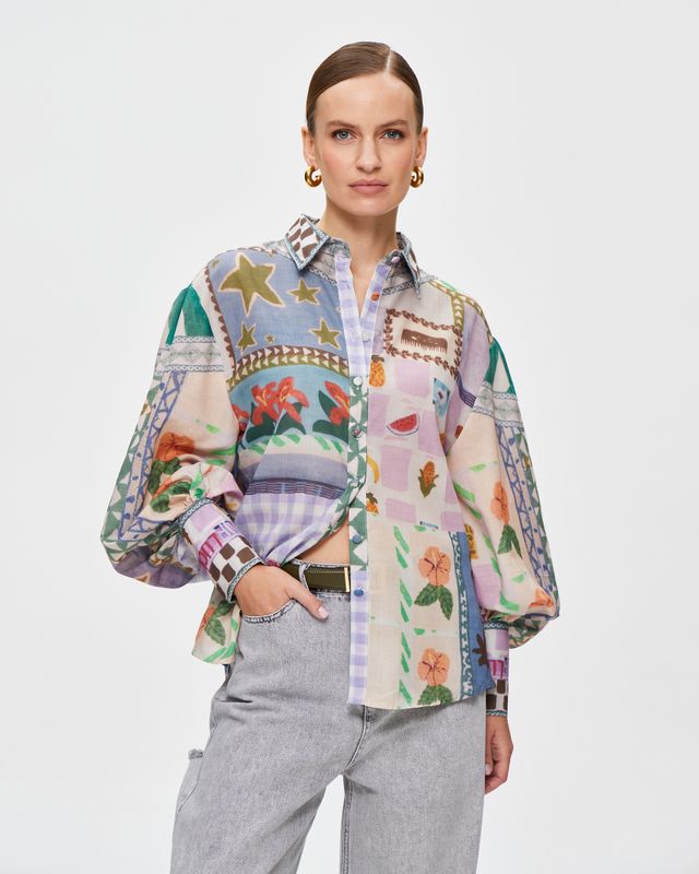 Рубашка принтованная с объемными рукавами
