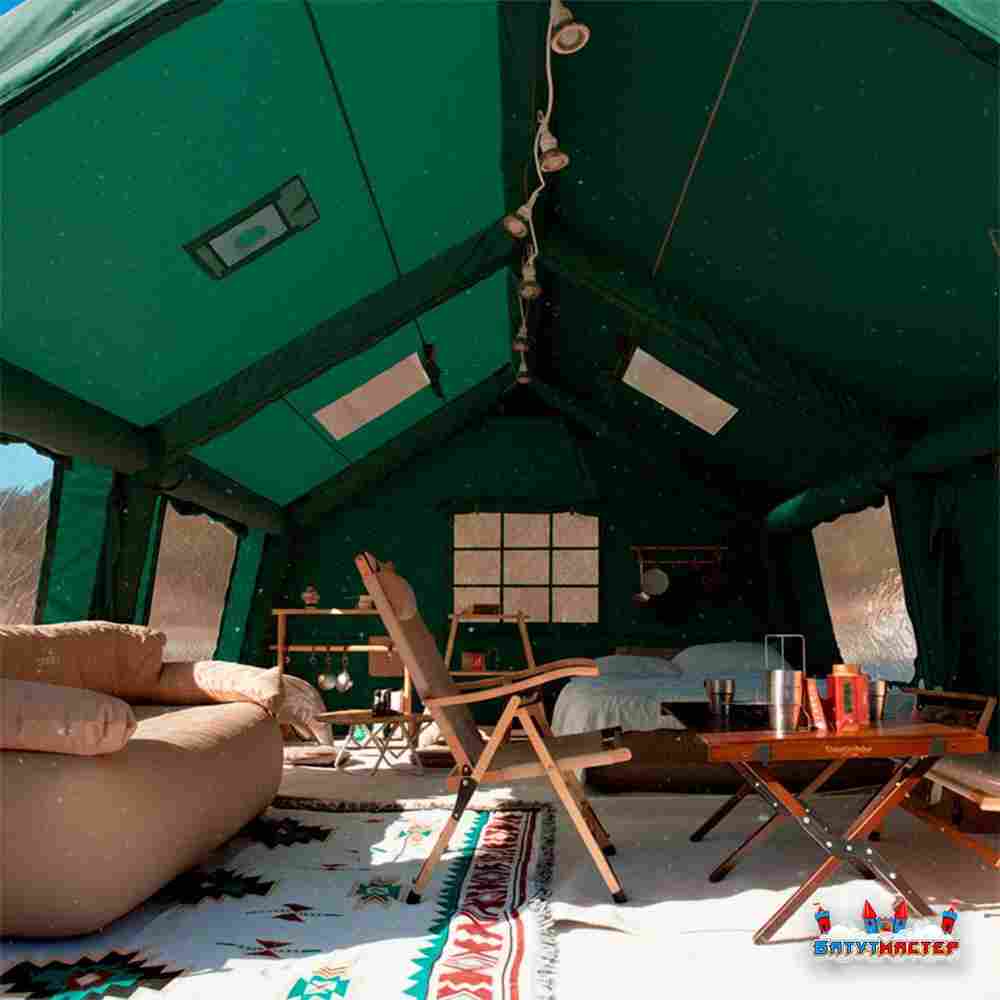 Пневмокаркасная всесезонная палатка «Тёплая Искра» 3,6×4,8×2,2 м — с печкой, из ПВХ, зелёная