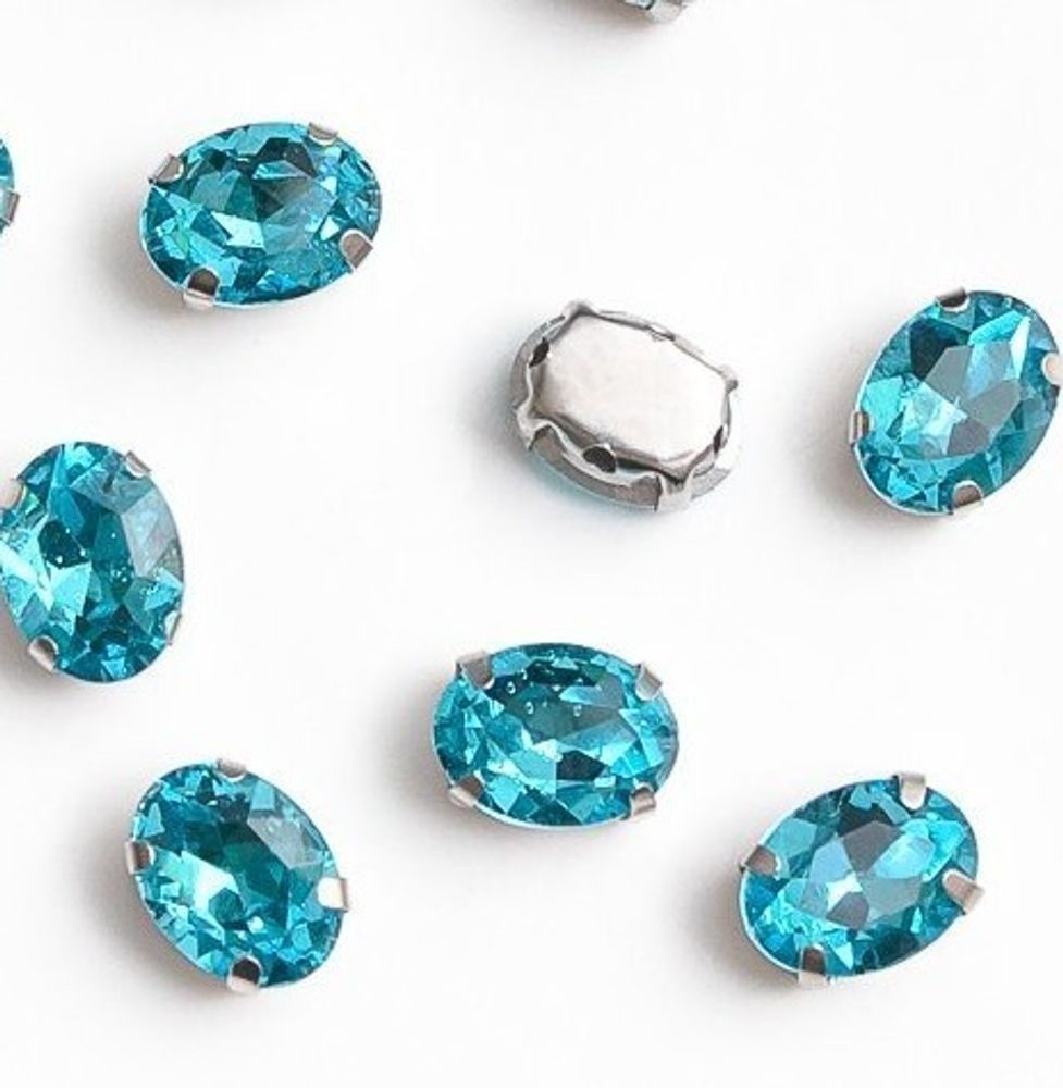 Стразы пришивные стекло в оправе, р. 8х6 мм, голубой