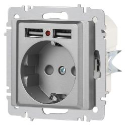 Розетка Intro Accent 6-410-03 , P+E Schuko со шторками, 16А-250В + 2хUSB, IP20, СУ, алюминий | Intro