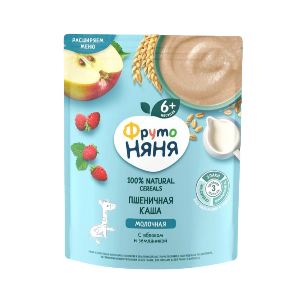 Фруто няня каша пшеничная с молоком яблоко и земляника 200г.