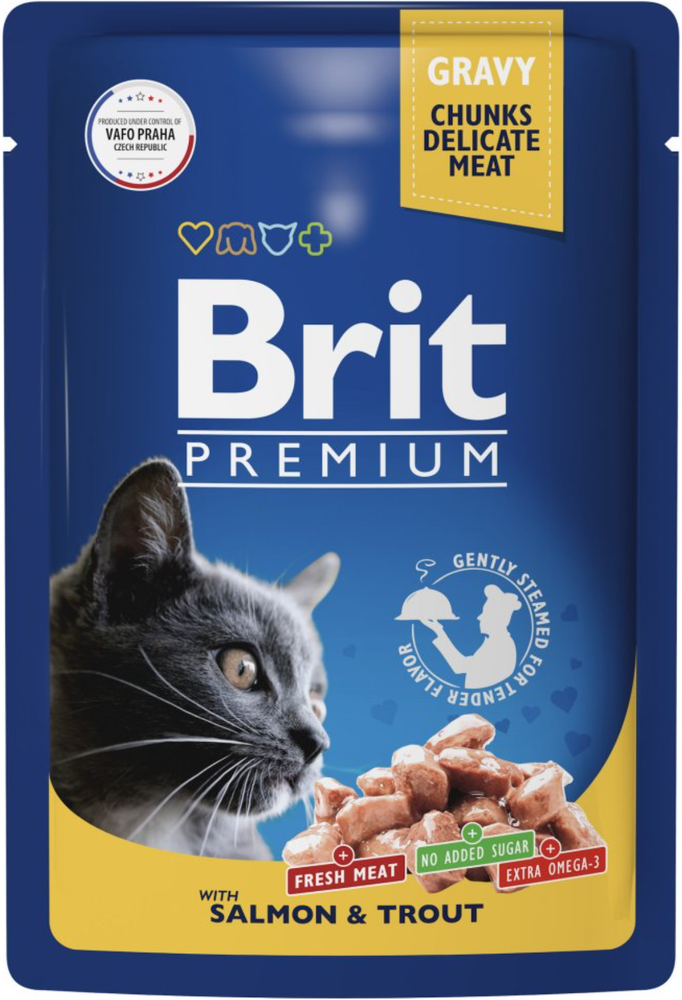 BRIT PREMIUM, Пауч для кошек, Лосось и Форель в соусе, 85г.*14шт.