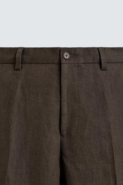 ZARA КОСТЮМНЫЕ БРЮКИ ИЗ 100% ЛЬНА, ТЕМНО-КОРИЧНЕВЫЙ