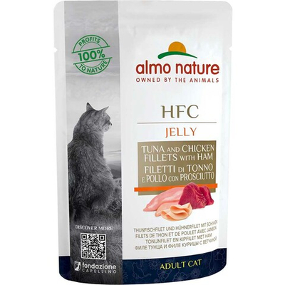 Almo Nature консервы для кошек "HFC Jelly" с тунцом, курицей и ветчиной (97,3% мяса) (желе) 55 г пакетик