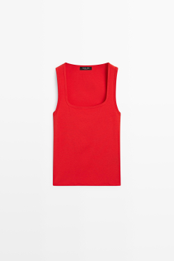 Massimo Dutti Топ из хлопка с квадратным вырезом, красный