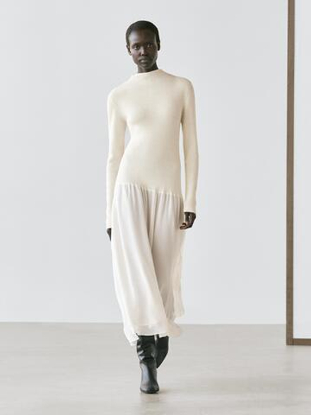 Massimo Dutti Трикотажное платье с декоративной отделкой в тон, натуральный/кремовый