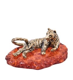 Народные промыслы AM-3973 Фигурка «Тигр Саванна Лежащий» (латунь, янтарь)