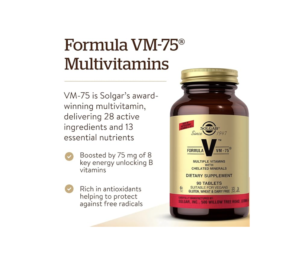 Solgar Formula VM-75, 90 таблеток — мультивитамины с минералами — витамины A, B6, B12, C, D, E — биотин, магний, кальций, железо, цинк — веганские, без глютена, без молочных продуктов — 90 порций