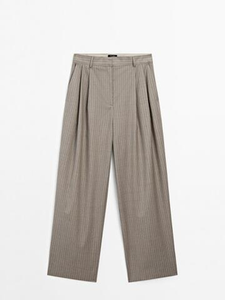 Massimo Dutti Брюки в тонкую полоску со складками, кротово-коричневый