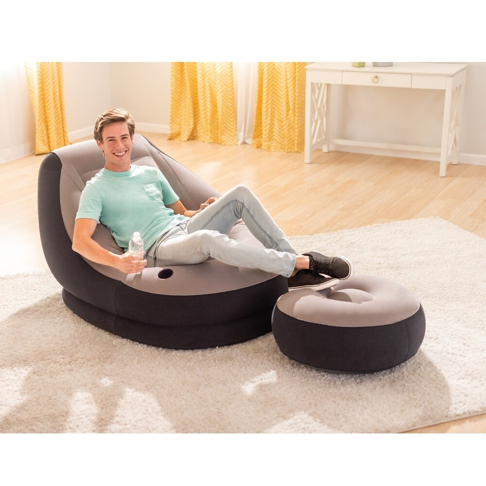 Кресло надувное Intex 68564 Ultra Lounge 137х102х79 см с пуфиком / Шезлонг надувной Интекс велюровый с подстаканником для дома и дачи