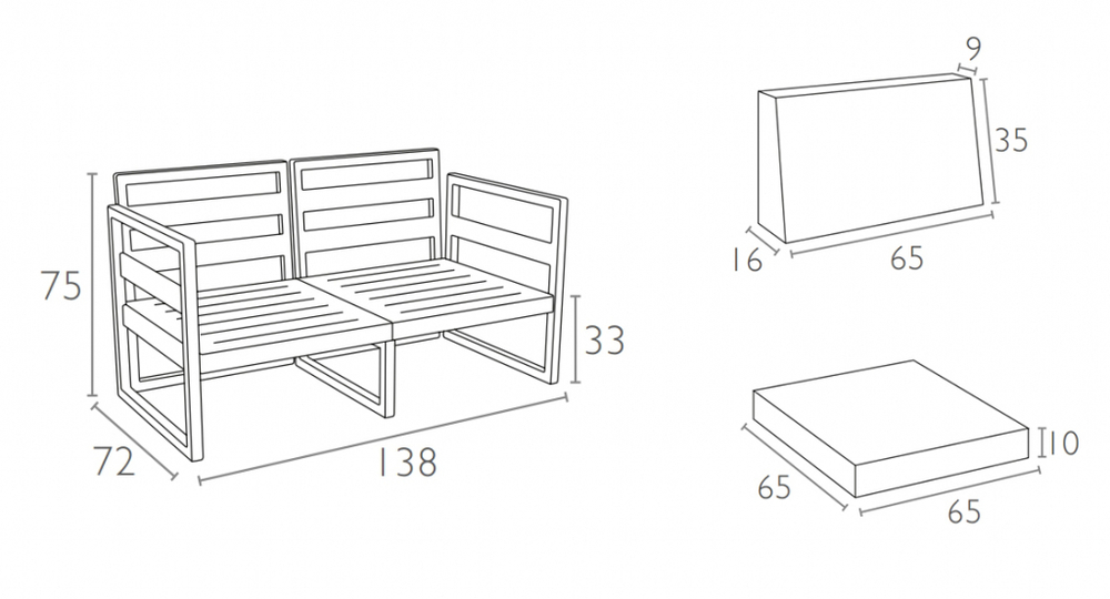 Диван пластиковый двухместный с подушками Siesta Contract Mykonos, серебристый, черный