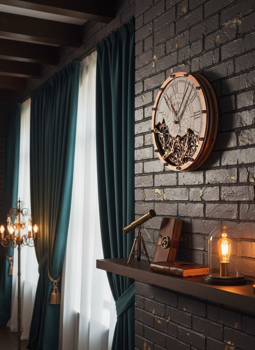 Авторские стимпанк-часы WOODandROOT Automaton Bite 1695 в лофт-интерьере с латунными деталями и мягким тёплым освещением