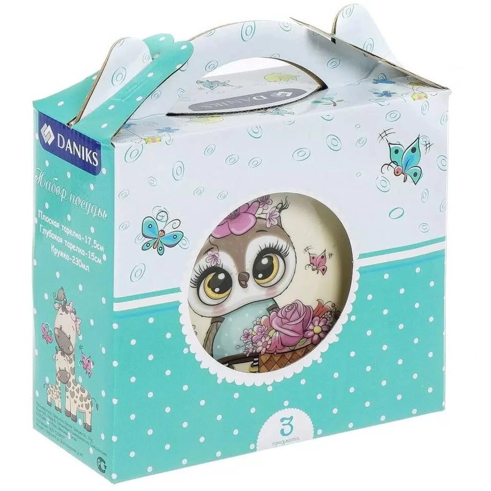 Набор посуды из керамики 3 предмета «Цветочная сова» (тарелка 17.5см, салатник 15см, кружка 230мл), Daniks, C640