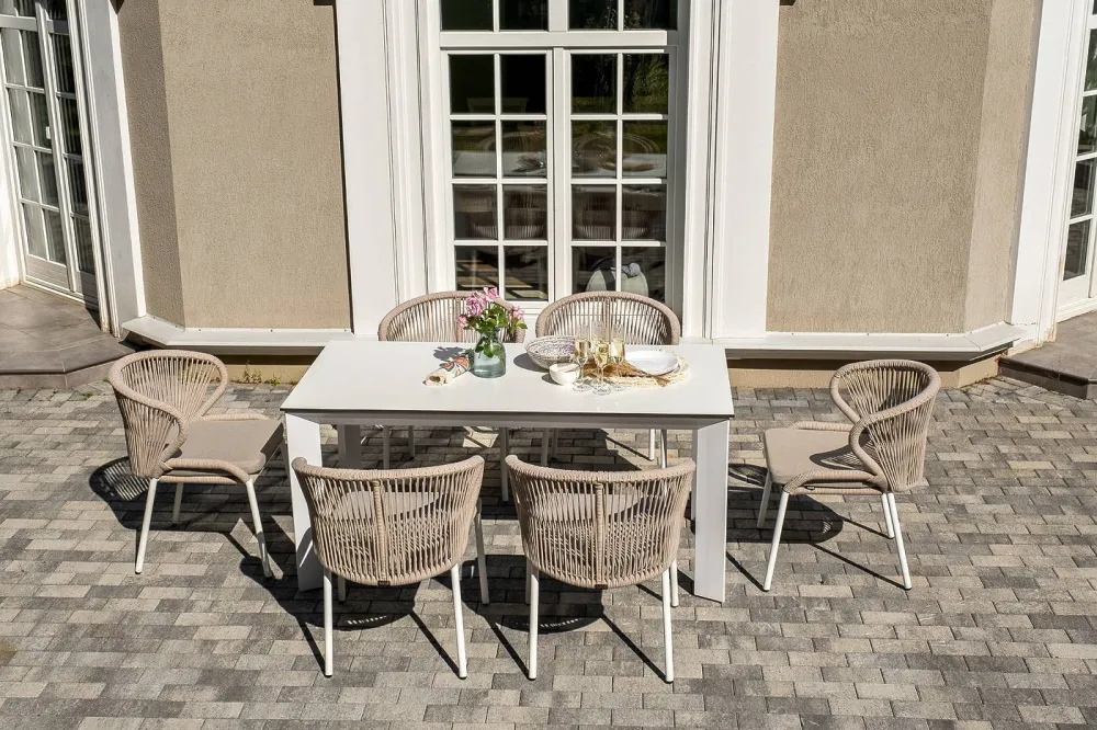 "Венето" обеденная группа на 6 персон со стульями "Милан", каркас белый, роуп бежевый