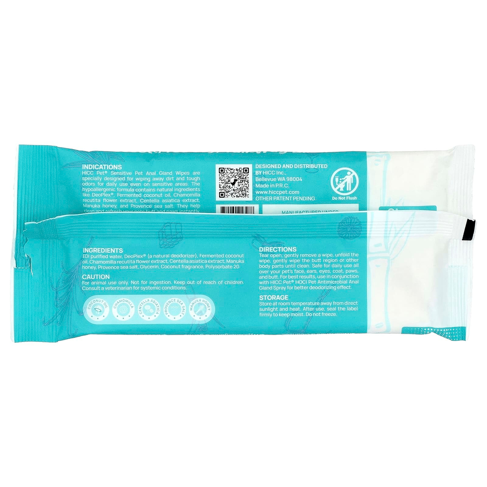 HICC Pet, чувствительные салфетки для анальной железы, для собак и кошек, с кокосом, 6 упаковок по 20 салфеток
