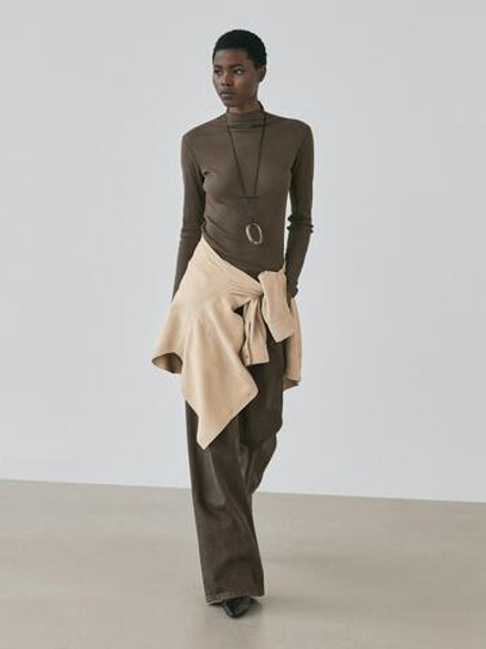 Massimo Dutti Хлопковая футболка в рубчик с длинными рукавами, кофейный