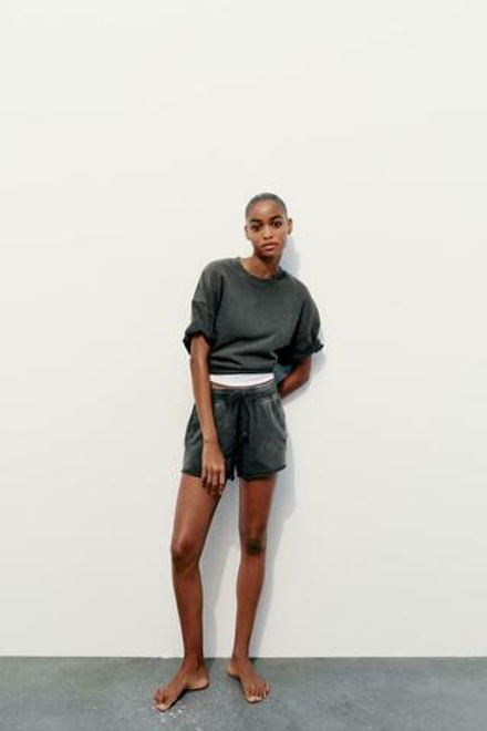 ZARA ТОЛСТОВКА ИЗ МЯГКОЙ ТКАНИ В РУБЧИК С КОРОТКИМИ РУКАВАМИ,  ТЕМНО-СИНИЙ