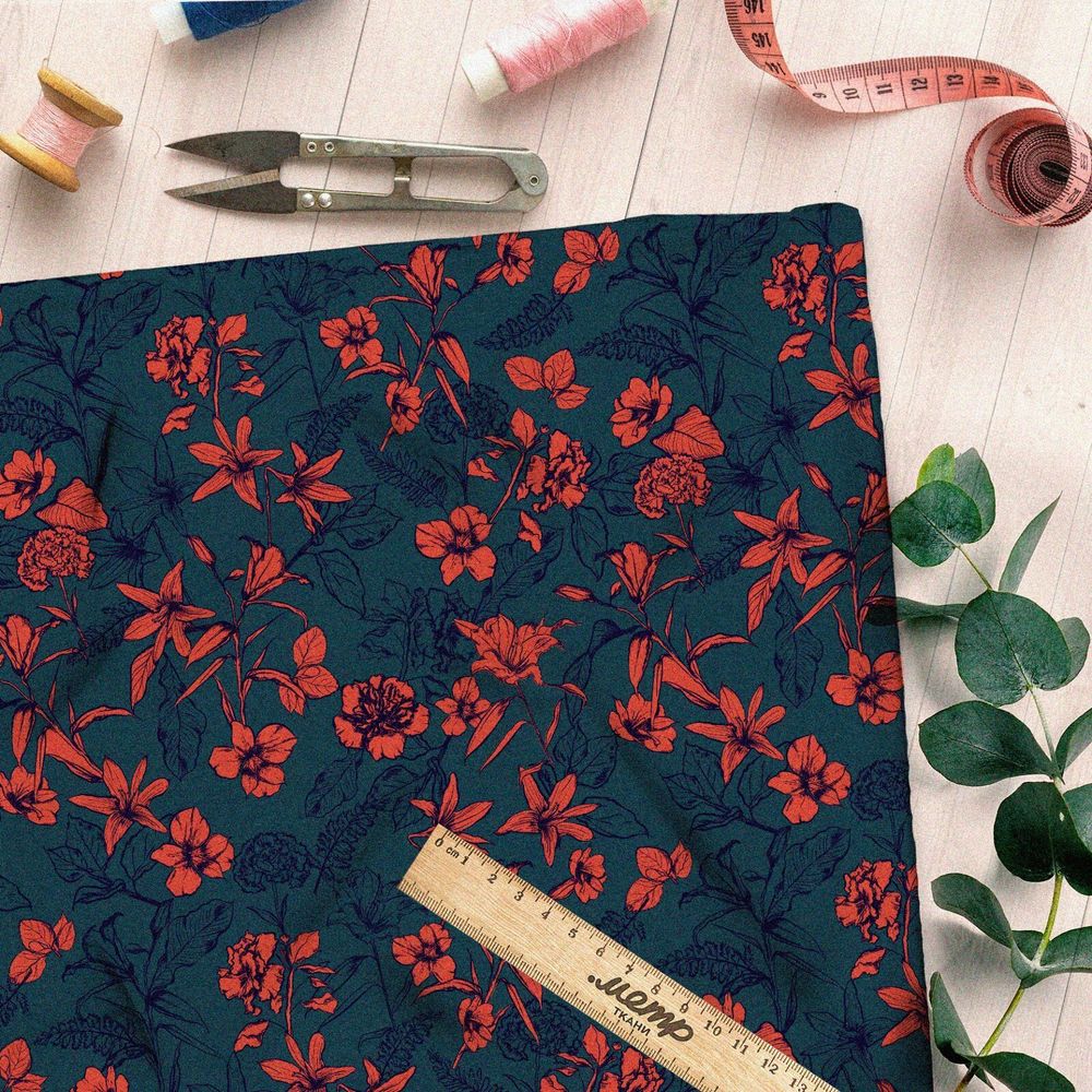 Ткань дюспо красные цветы узорные