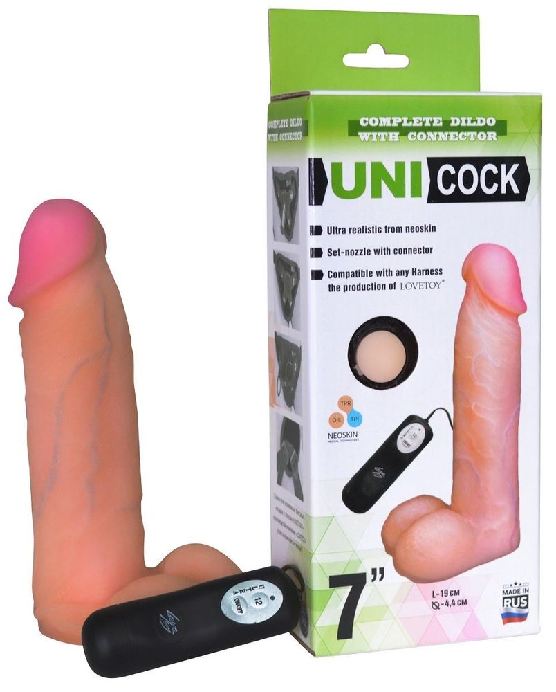 Фаллическая насадка Харнесс UNICOCK 7 с вибрацией - 19 см. (Цвет: телесный)