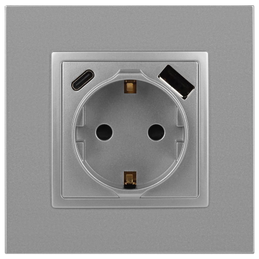 Розетка ЭРА Elegance 14-4108-03 2P+E 16A-250В со шторками с USB type-A+C 5В-3А алюминий | Розетки и выключатели