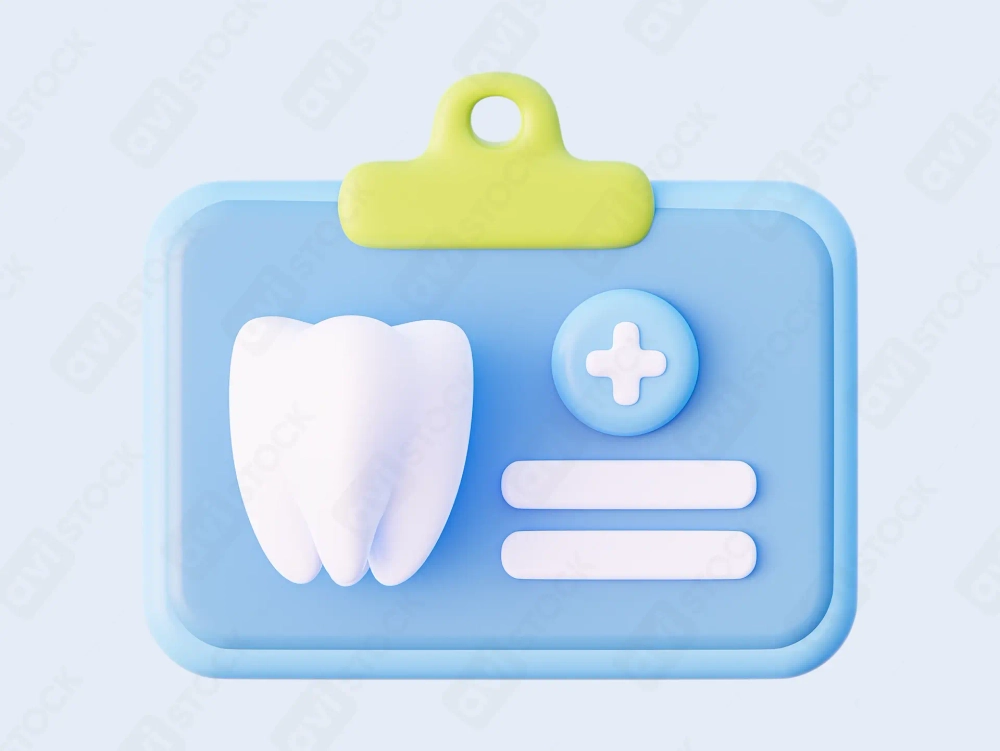3D tooth icon on medical clipboard with cross button — dental record / medical card