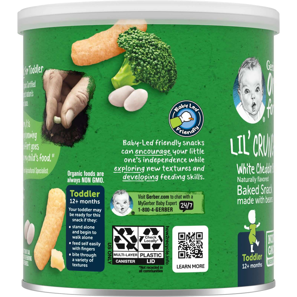 Gerber, Organic Lil 'Crunchies, запеченная с бобами закуска, от 12 месяцев, белый чеддер и брокколи, 45 г (1,59 унции)