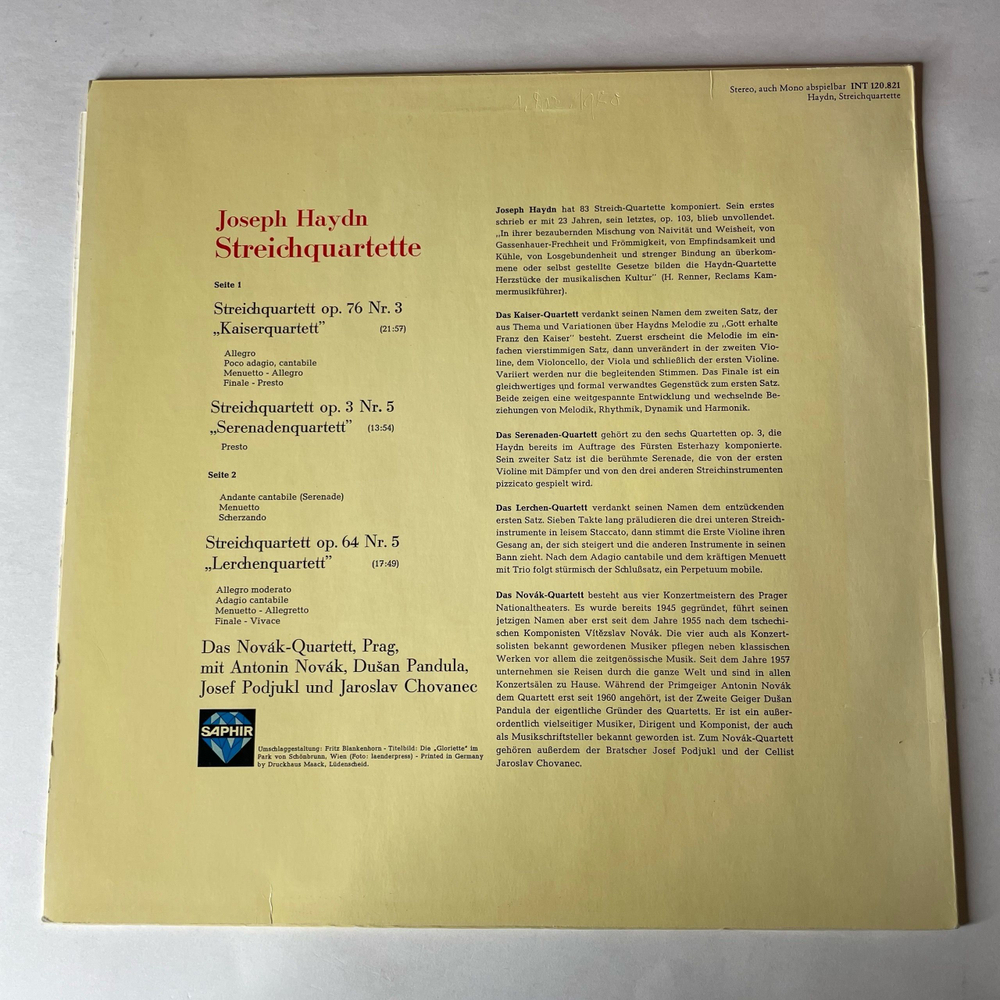 Винтажная виниловая пластинка LP Йозеф Гайдн Joseph Haydn, Novak Quartet, Kaiserquartett (Германия 1977)