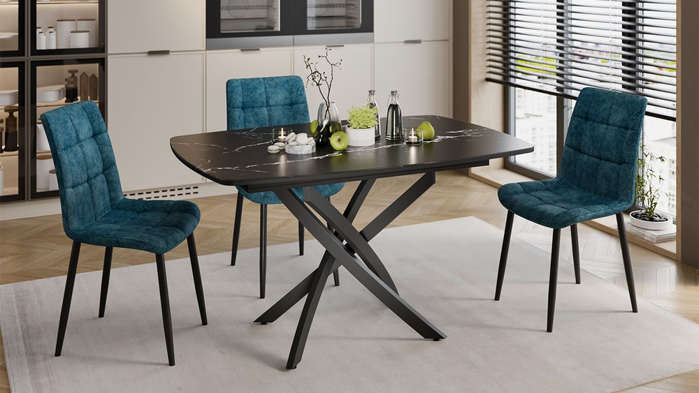 Стол кухонный обеденный раздвижной Черный муар/Стекло матовое черный мрамор 134(173)х90х75 см