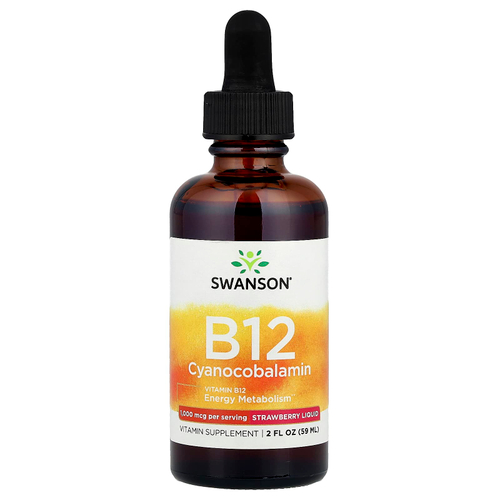 Swanson Vitamins, B12 цианокобаламин, жидкий, со вкусом клубники, 59 мл (2 жидк. унции)
